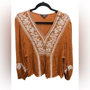 American Eagle Outfitters Orange Blouse with White Embroidery